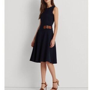Ralph Lauren Navy Midi Dress with Brown Belt